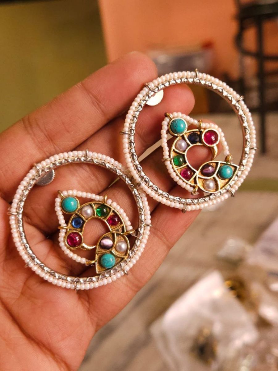Multi Color Stones and Pearls Peacock Oxidised Silver Earrings - Real Pic