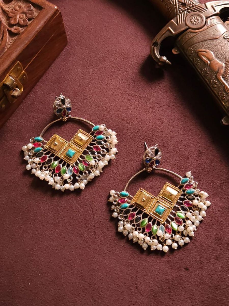 Buy Multicolor Stones Oxidised Silver Chandbali Earrings - TheJewelbox