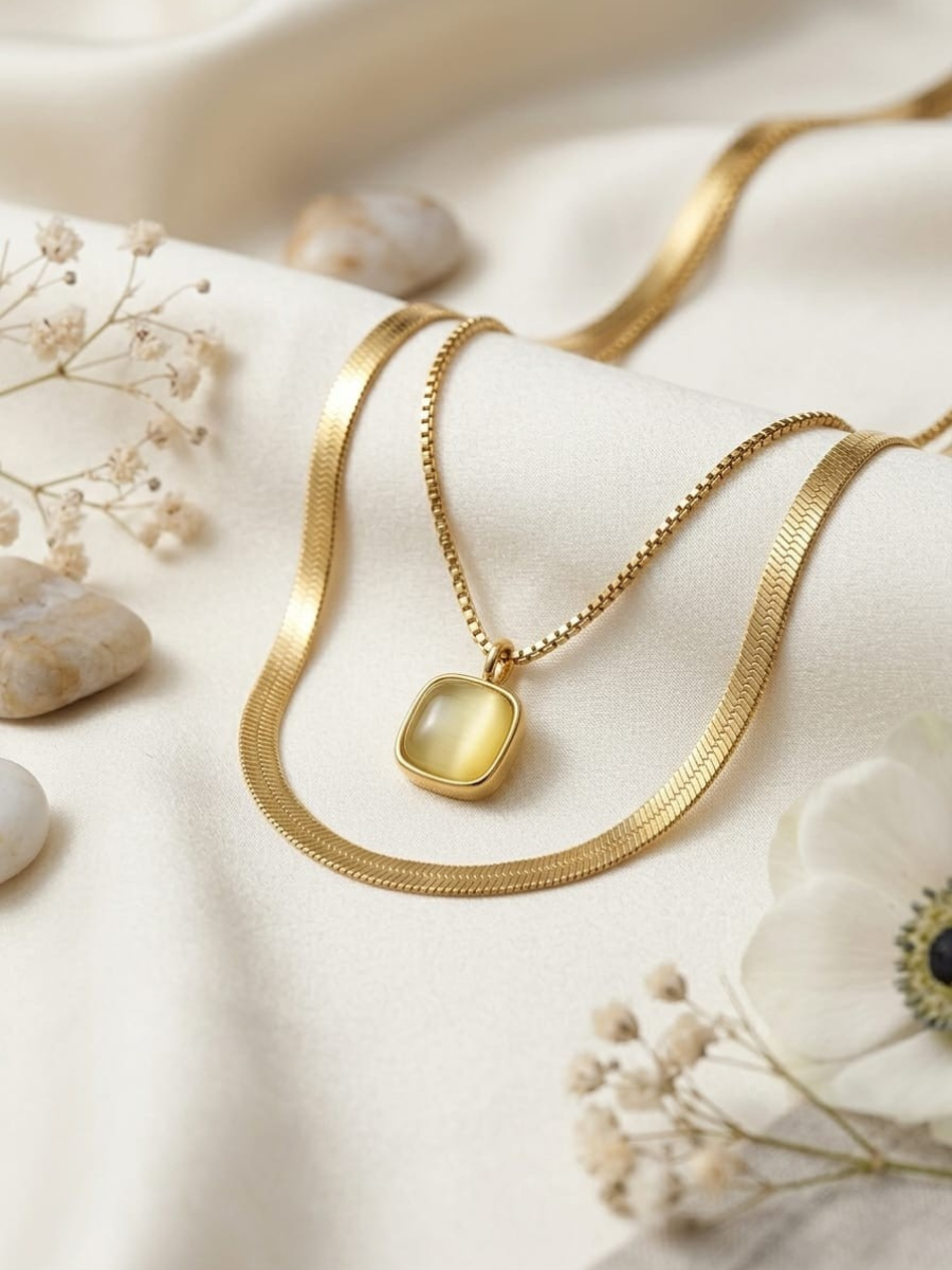 Buy Off White Square Pendant Golden Plated Double Chain Necklace Online in India