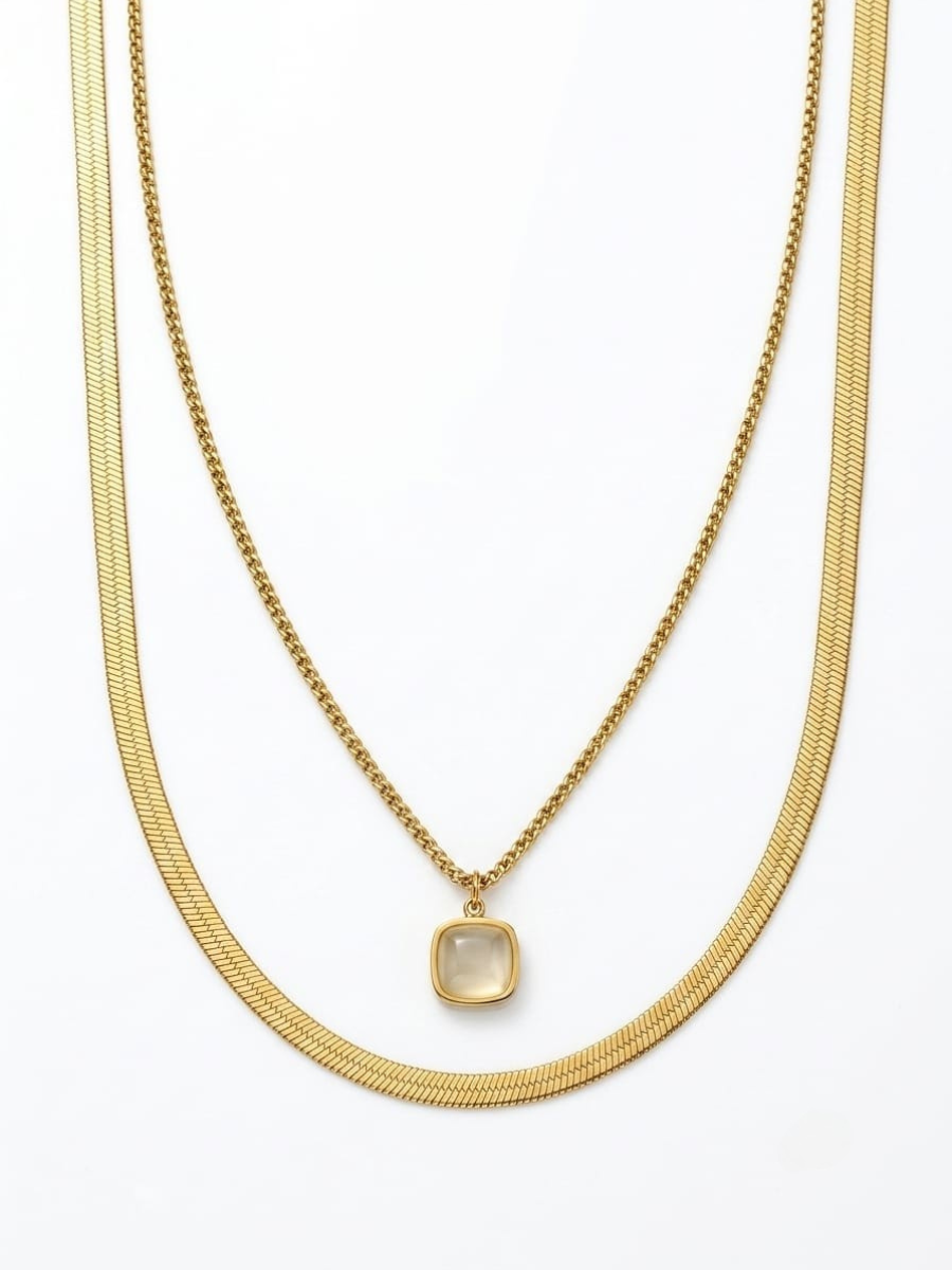 Off White Square Pendant Golden Plated Double Chain Necklace
