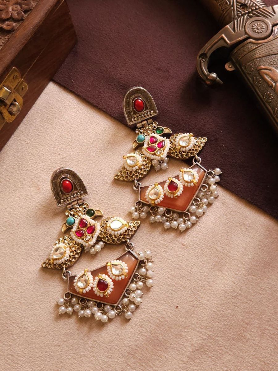 Buy Orange Stone and Kundan Studded Oxidised Silver Earrings - TheJewelbox