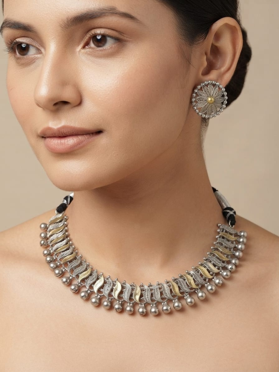 Oxidised Dual Toned Paisley Choker Necklace Set-TheJewelbox-