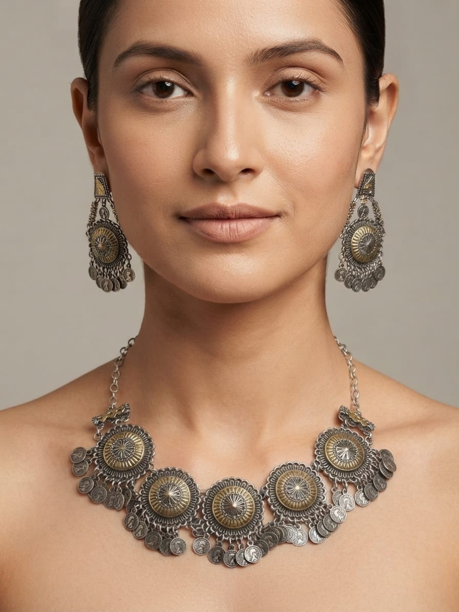 Oxidised Dual Toned Round Patterned Choker Necklace Set
