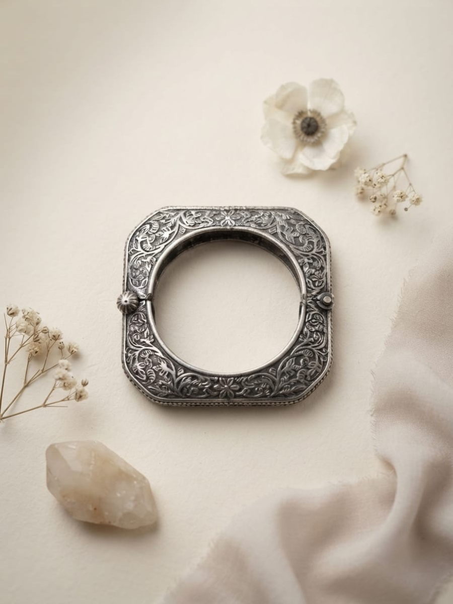 Oxidised German Silver Floral Engraved Square Bangle