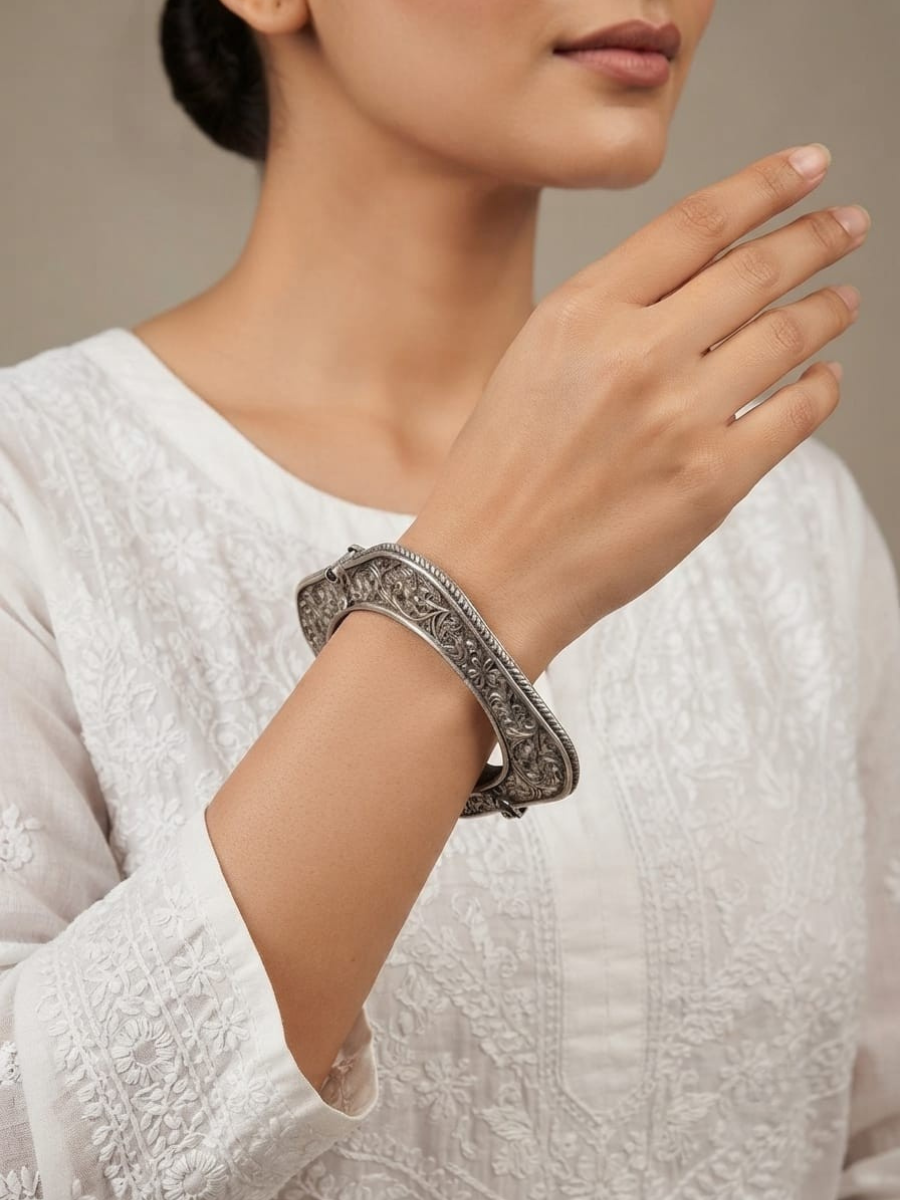 Oxidised German silver square floral bangle