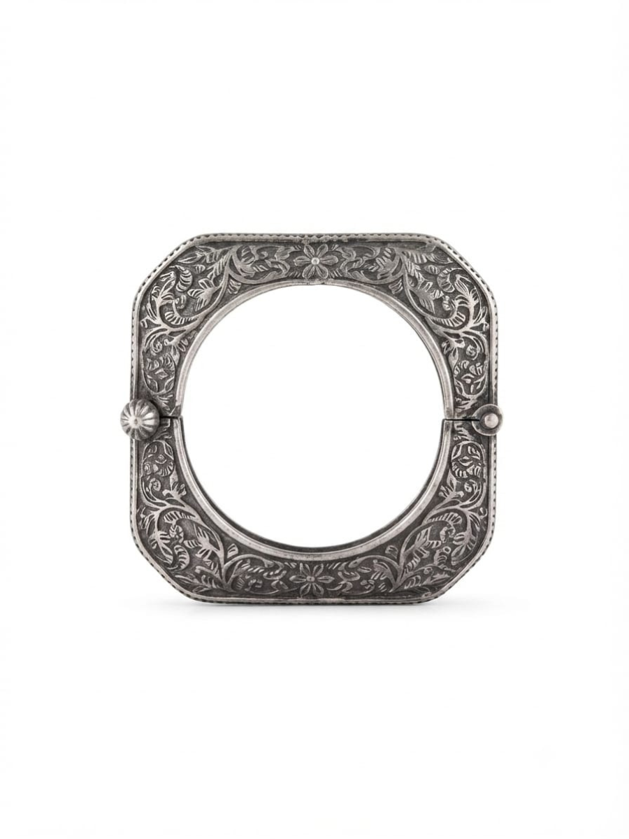 Intricate floral engraved oxidised silver bangle