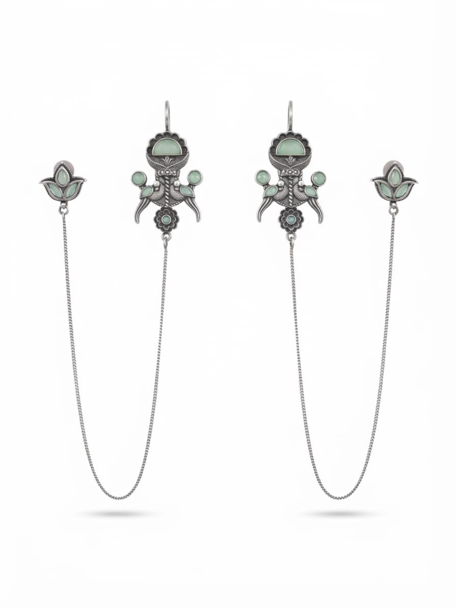Oxidised silver peacock long chain earcuffs