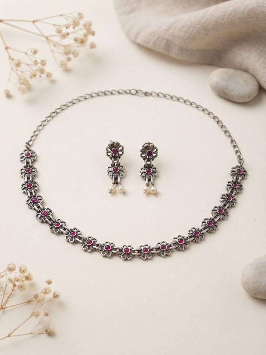 Oxidised silver floral choker set