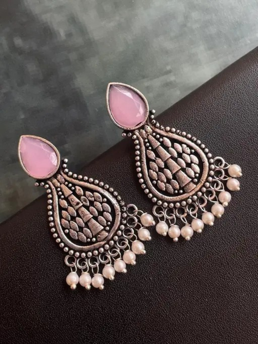 Buy Oxidised Silver Baby Pink Monalisa Stone Teardrop Earrings Online - TheJewelbox