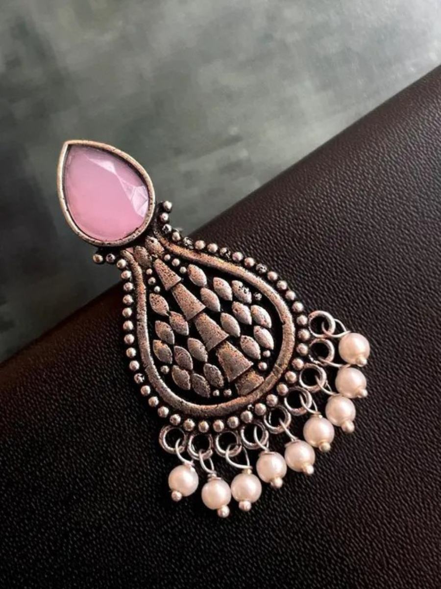 Oxidised Silver Baby Pink Monalisa Stone Teardrop Earrings