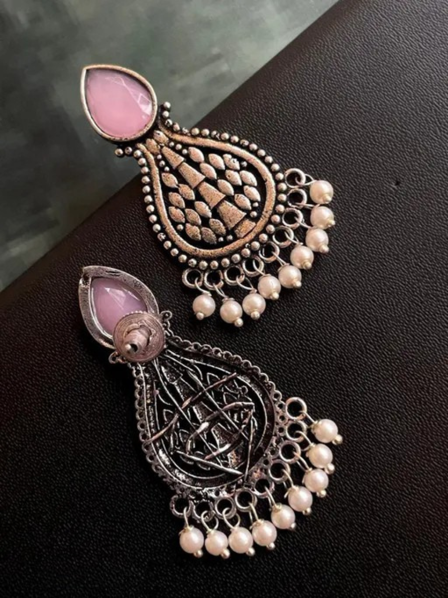 Baby Pink Monalisa Stone Oxidised Silver Teardrop Earrings