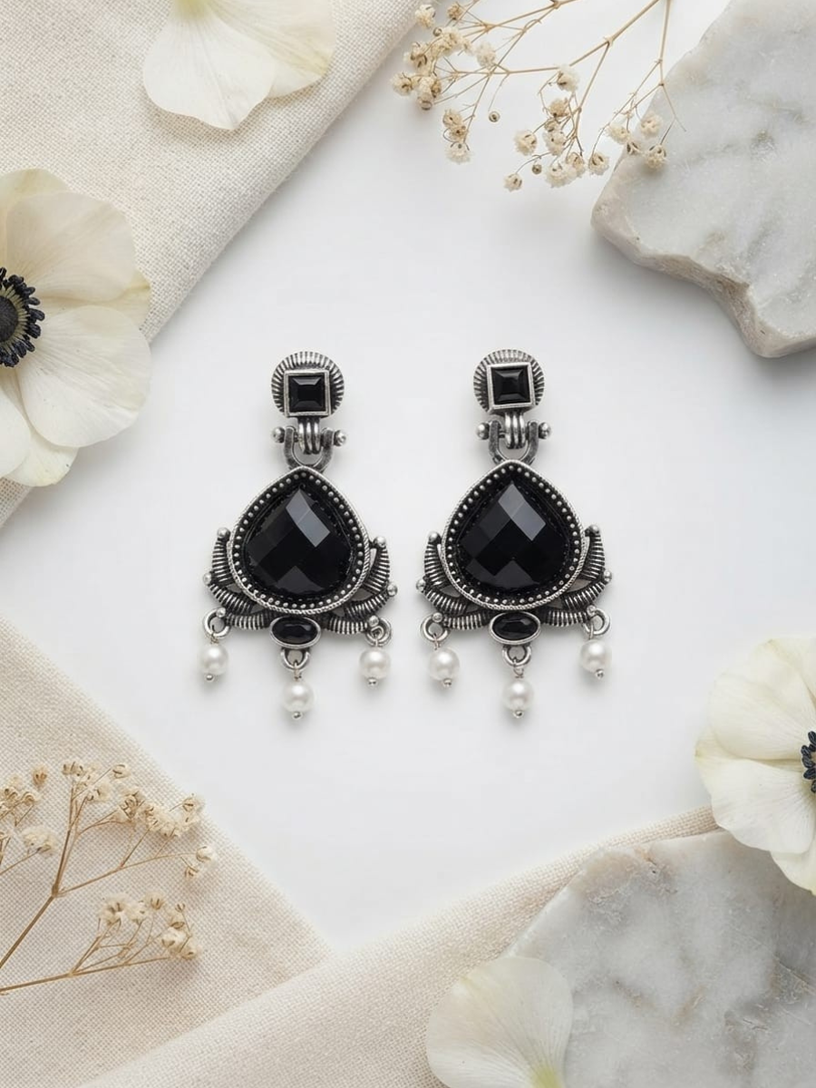 Oxidized silver black stone earrings