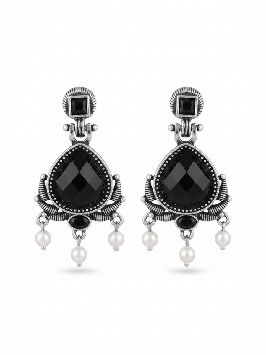 Ethnic black crystal silver earrings