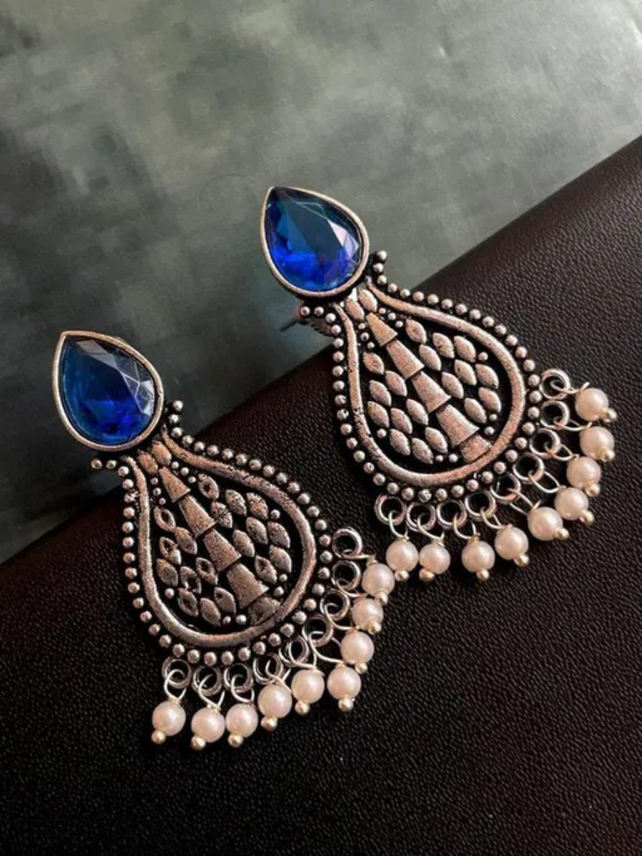Buy Oxidised Silver Blue Monalisa Stone Teardrop Earrings Online - TheJewelbox