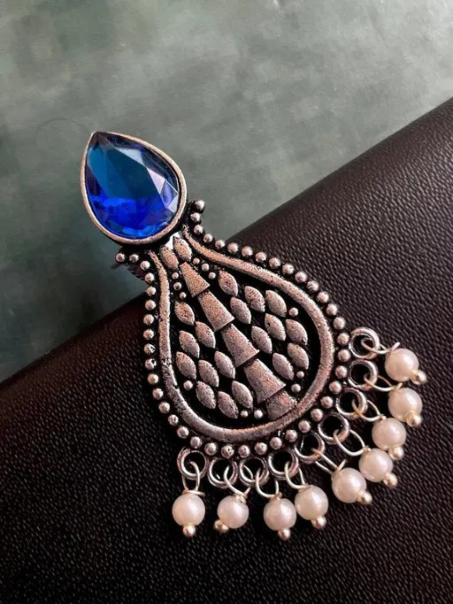 Oxidised Silver Blue Monalisa Stone Teardrop Earrings