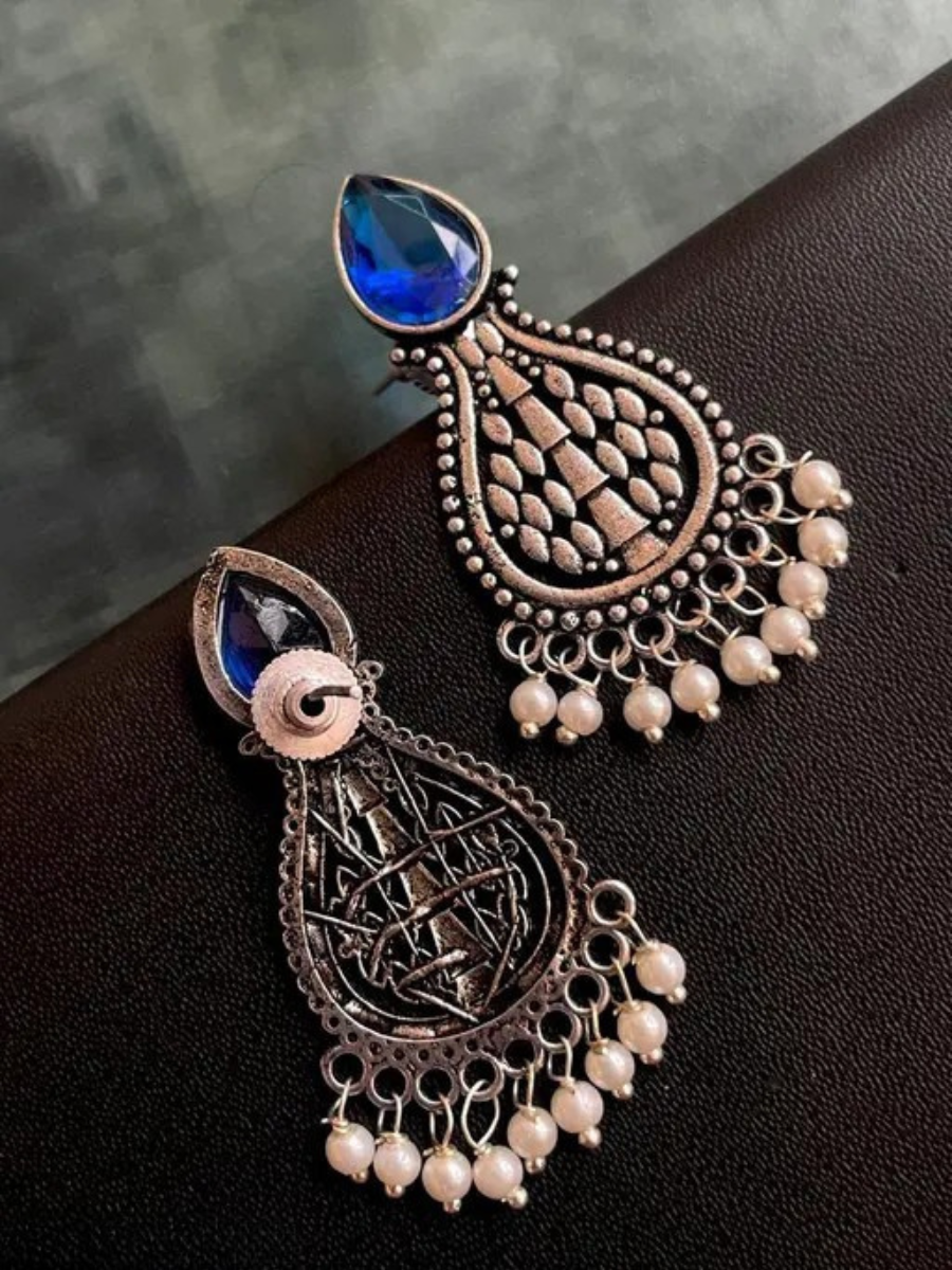 Blue Monalisa Stone Oxidised Silver Teardrop Earrings