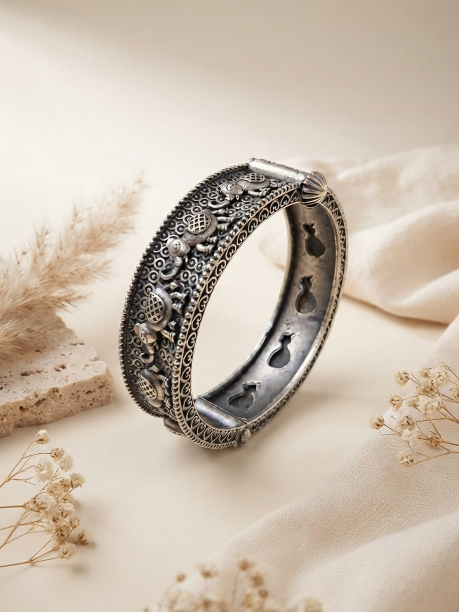 Oxidised Silver Elephant Motif Kada Bangle