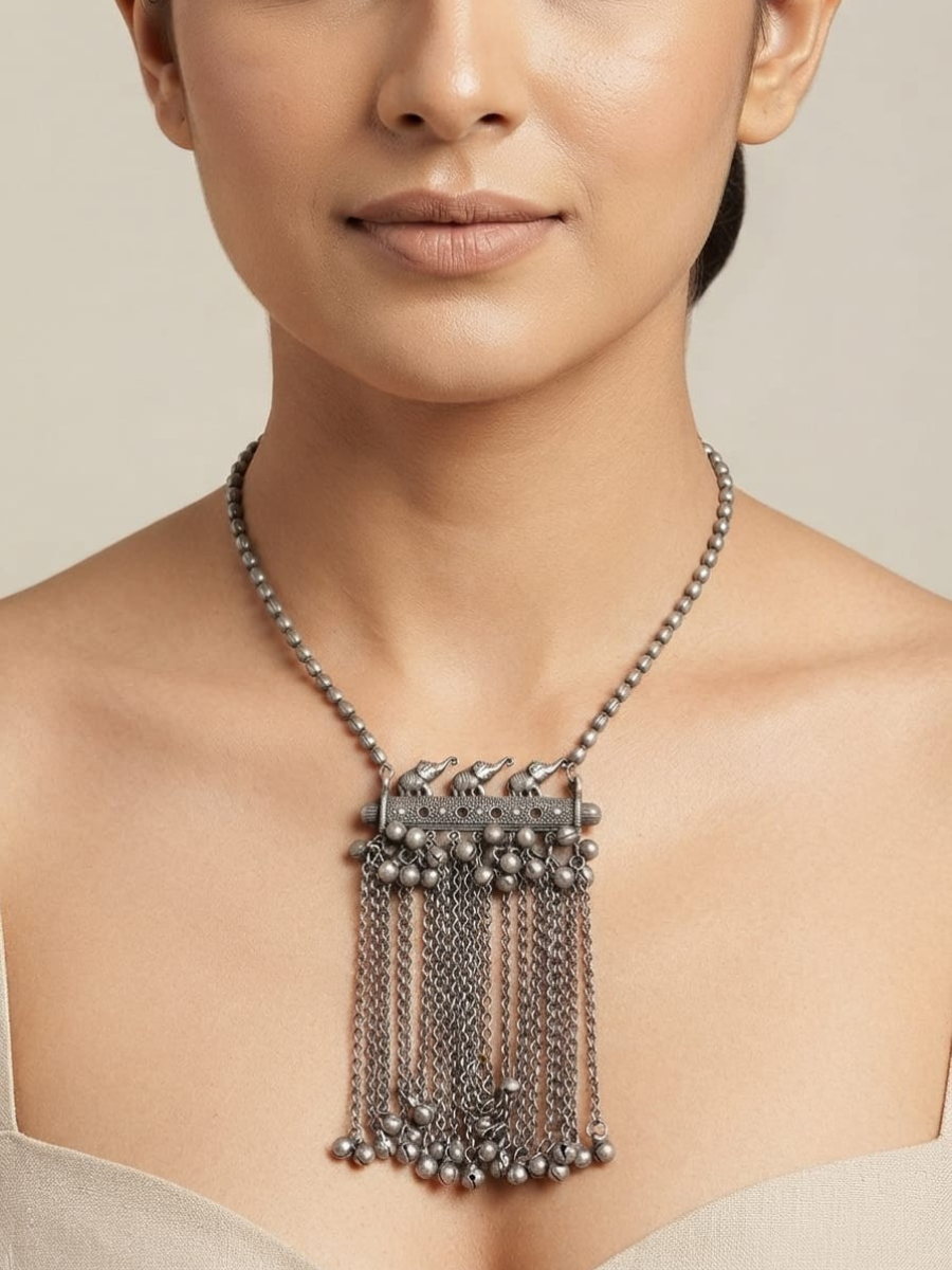 Oxidised Silver Elephant and Fringe Pendant Long Necklace