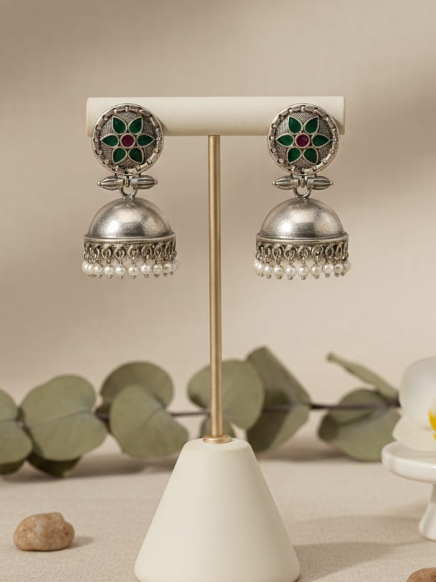 Traditional green stone pearl earrings