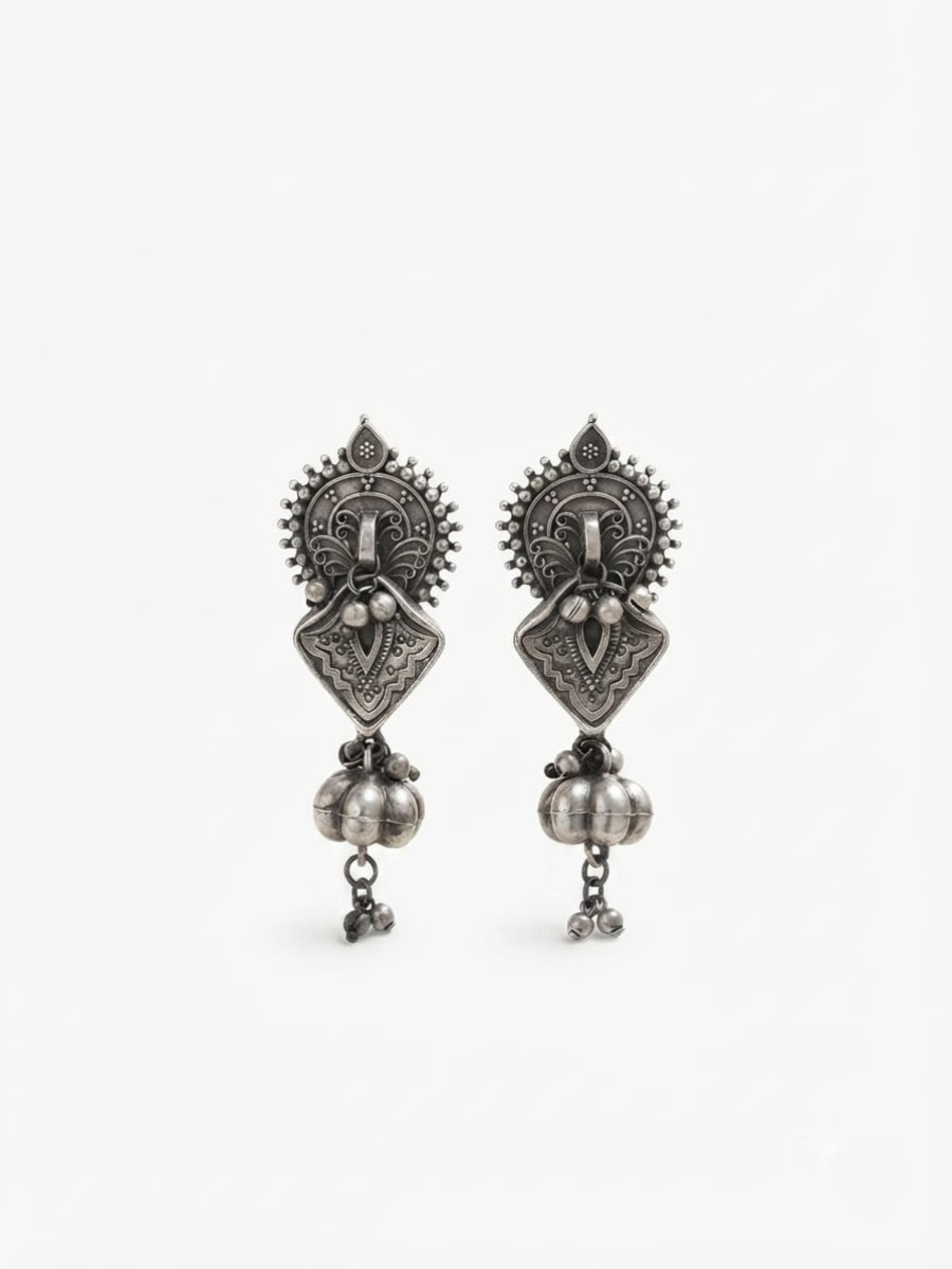 Traditional engraved silver drop earrings
