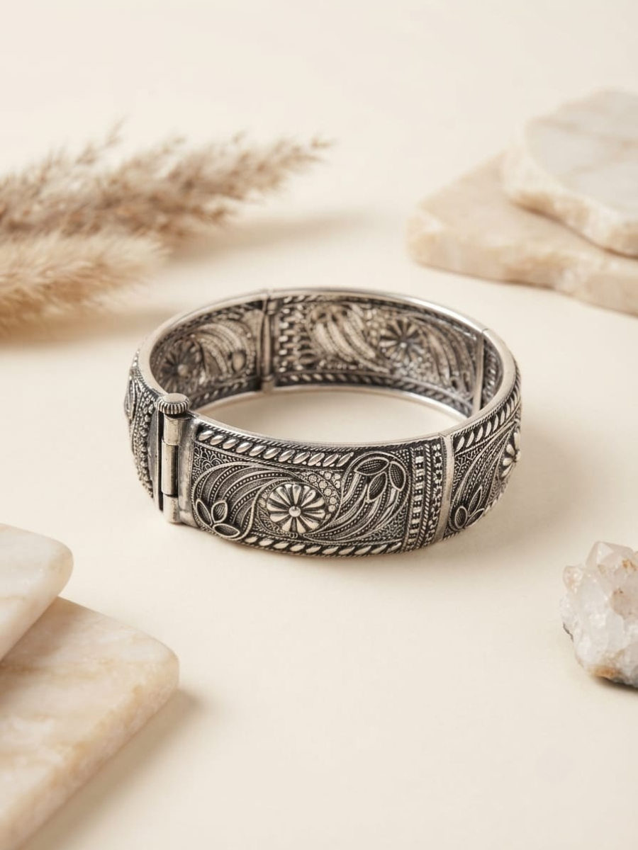 Oxidised Silver Floral Carved Bangle