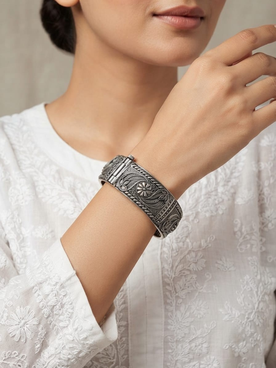 Oxidised silver floral carved kada