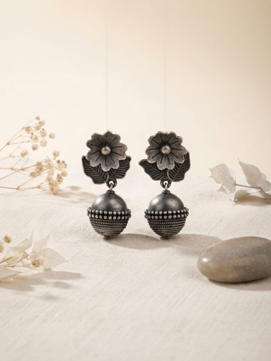 Oxidised Silver Floral Petal Drop Earrings
