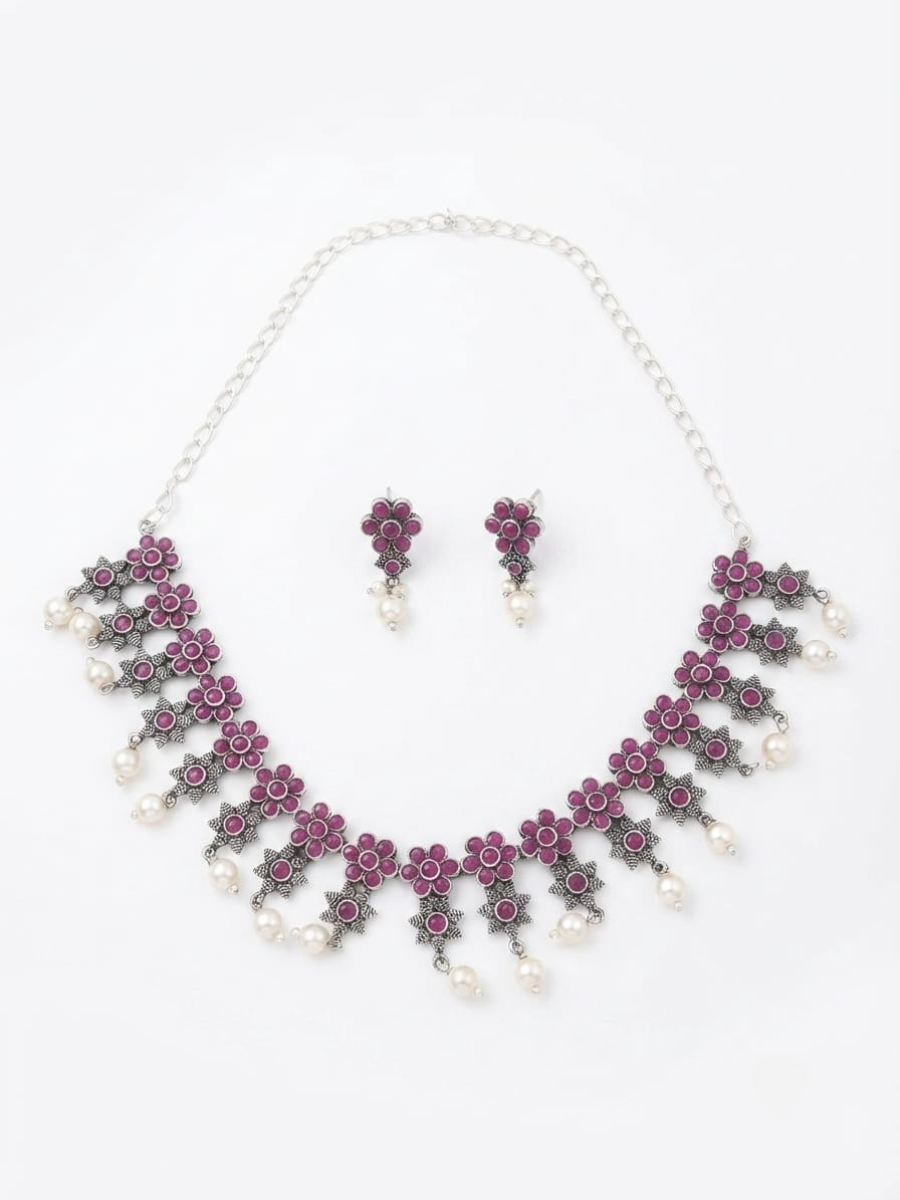 Oxidised silver pink stone choker
