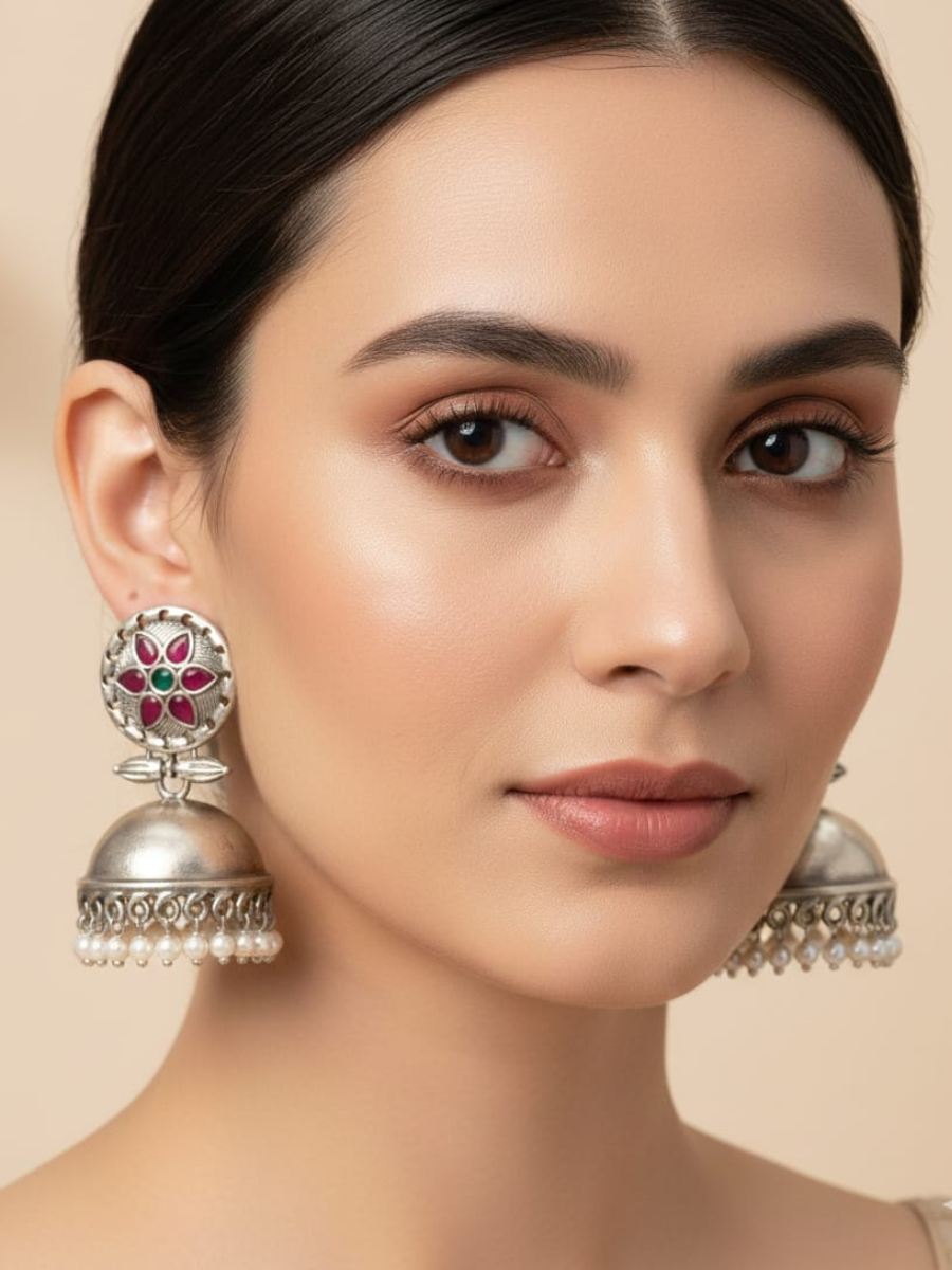 Oxidised silver floral jhumka earrings