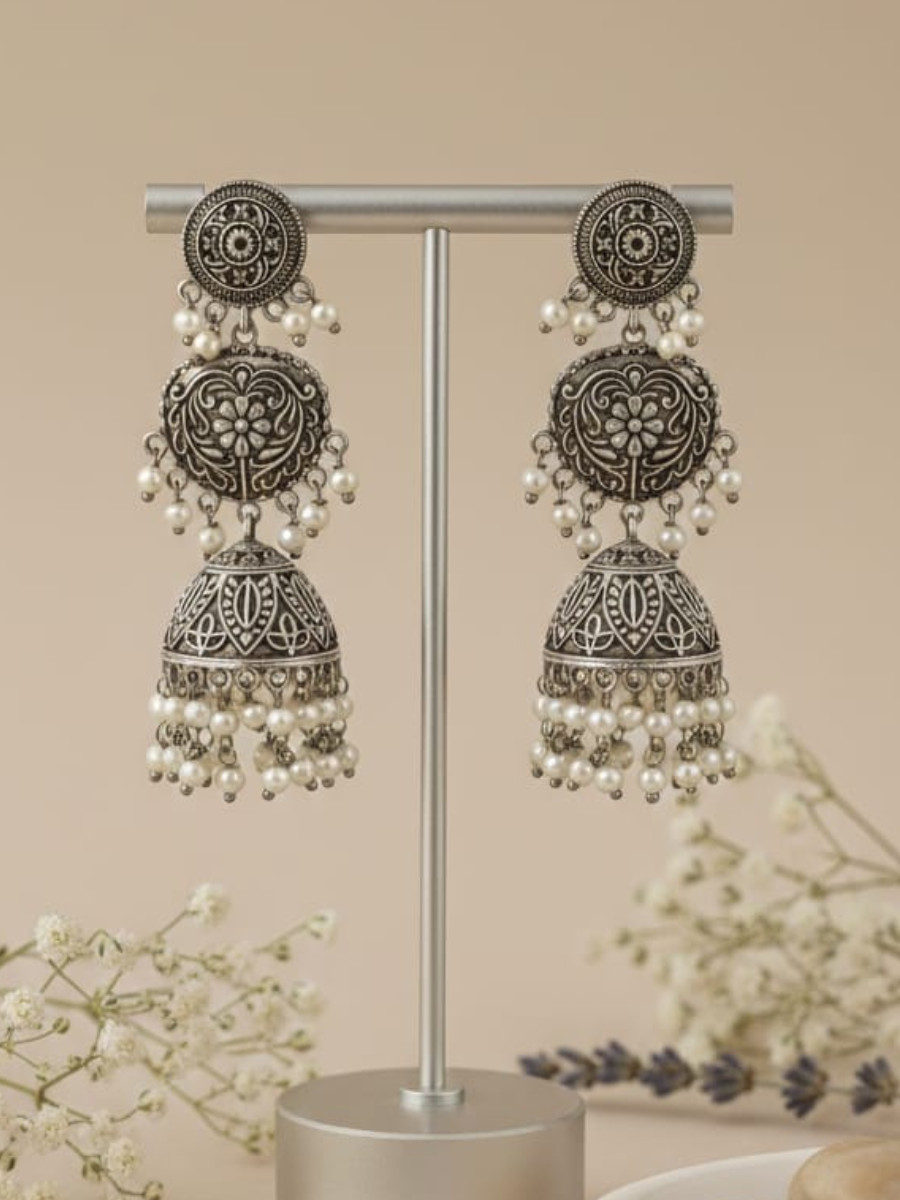 Traditional tiered floral pearl earrings