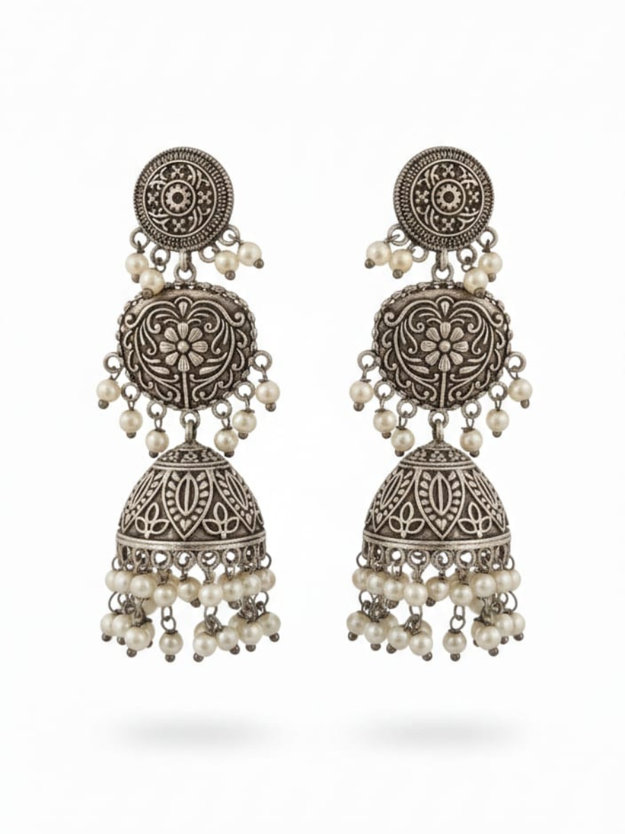 Heavy ethnic silver-plated drop earrings