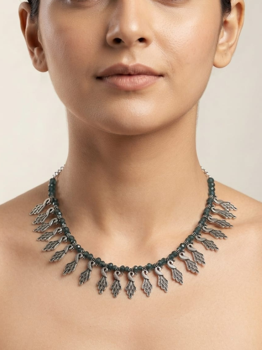 Oxidised silver green beaded choker