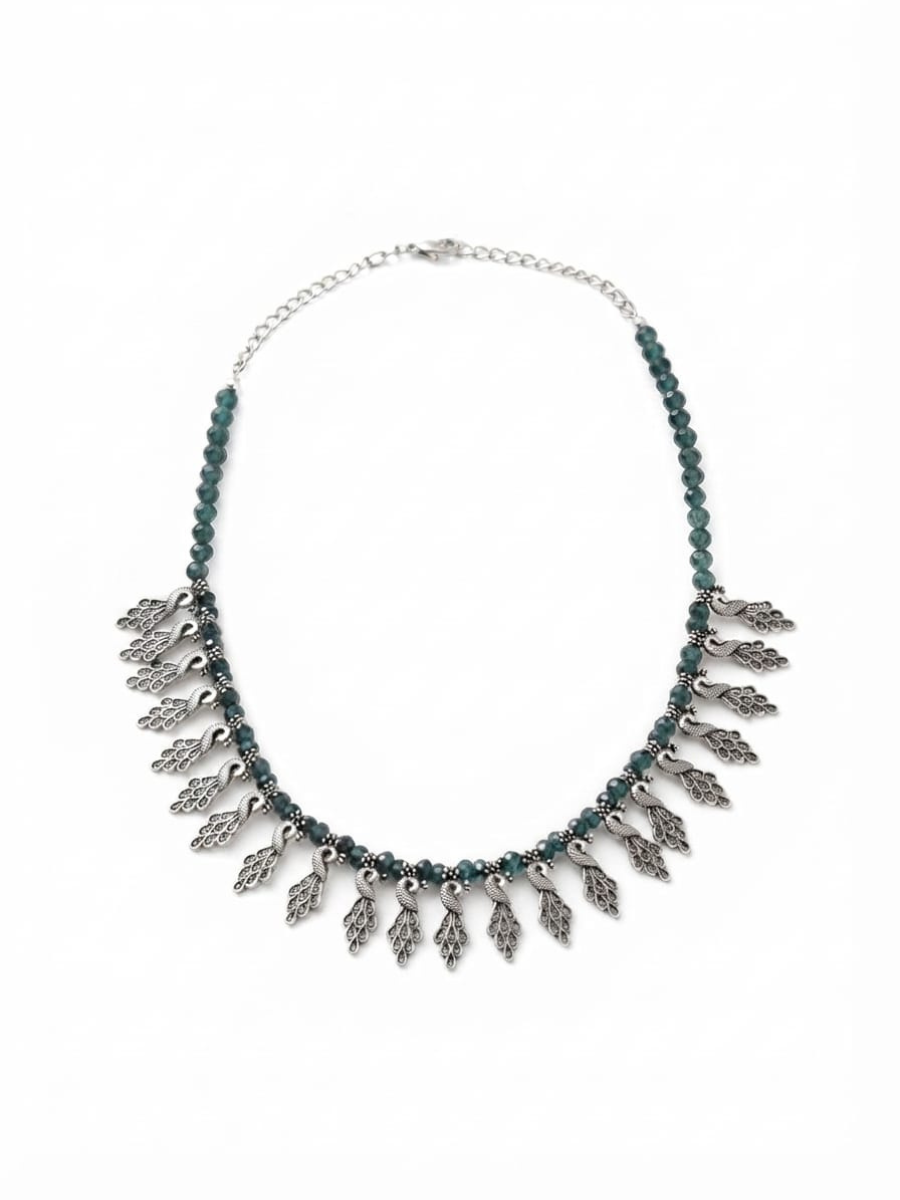 Traditional peacock charm silver necklace