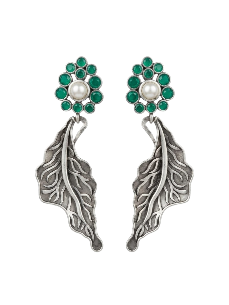 Oxidised Silver Green Leaf Drop Statement Earrings