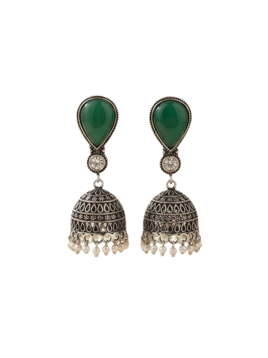 Traditional silver jhumkas with green stones