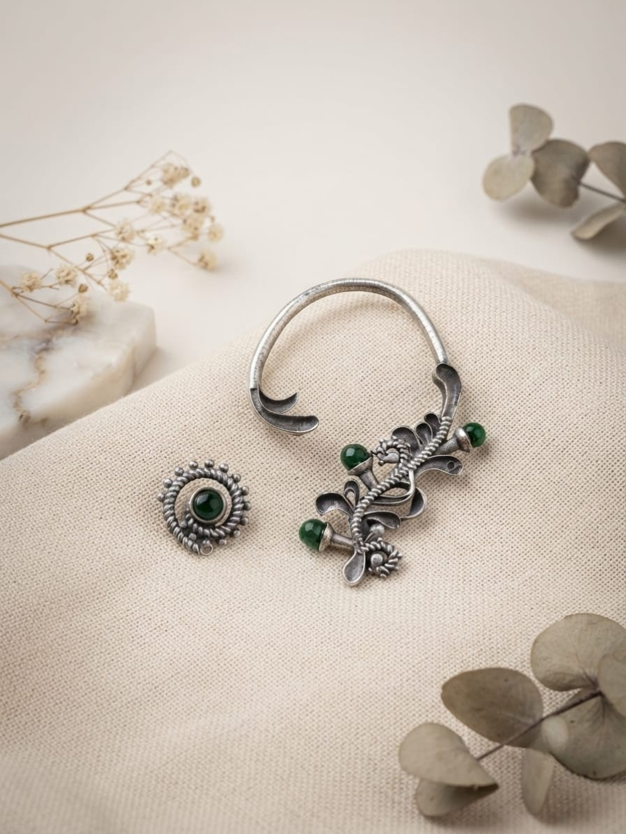 Oxidised Silver Green Stone Mismatch Earcuff Set