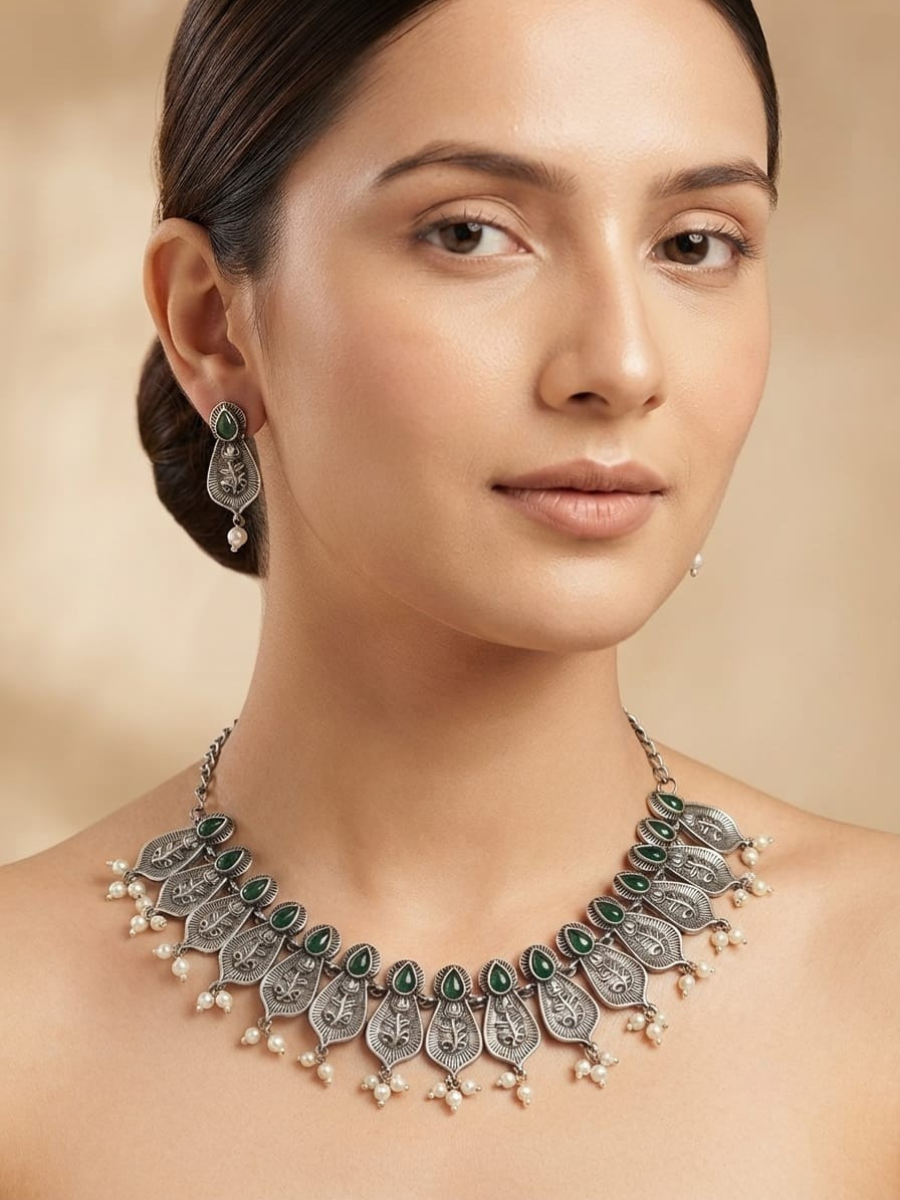 Oxidised Silver Green Stones Choker Necklace Set