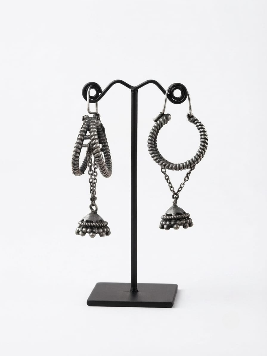Oxidised silver hanging jhumka earrings