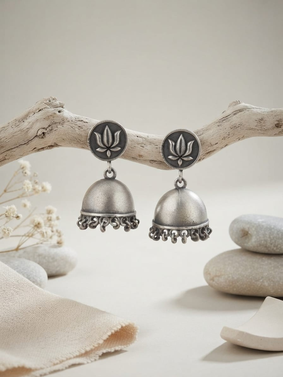 Oxidised Silver Lotus Motif Jhumka Earrings