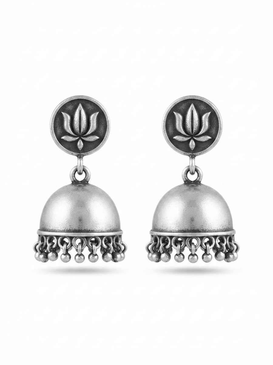 Oxidised Silver Lotus Motif Jhumka Earrings