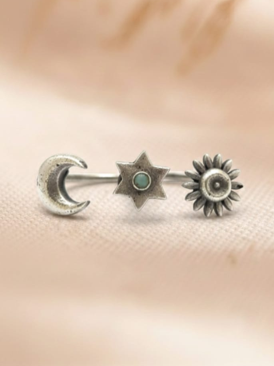 Oxidised silver mint green stone double ring