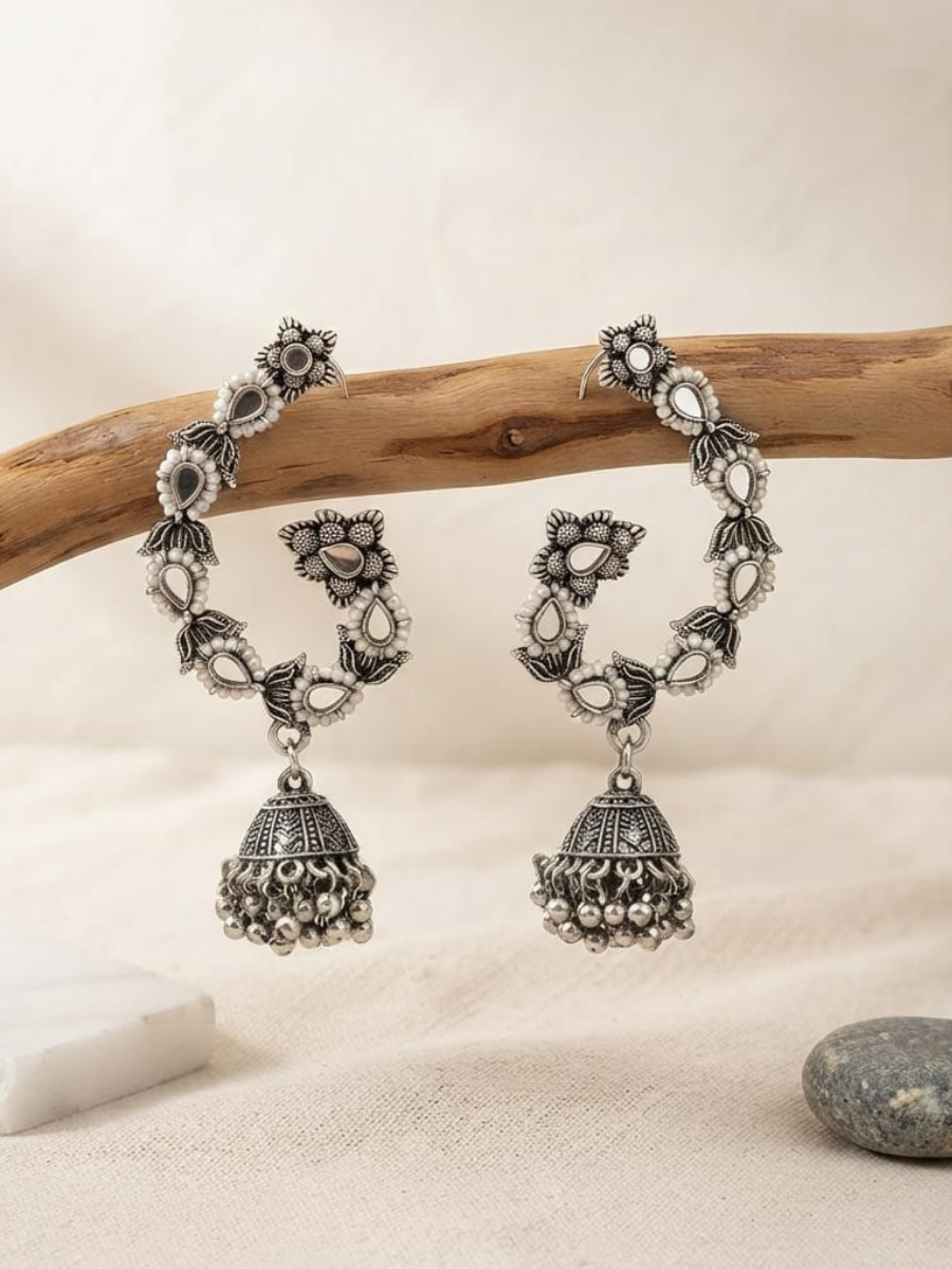 Oxidised silver mirror ear cuff jhumkas