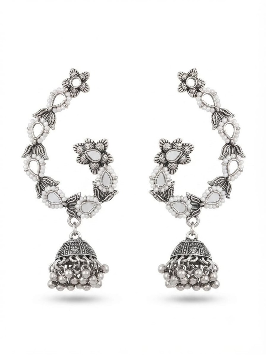 Traditional silver jhumka earrings with mirror