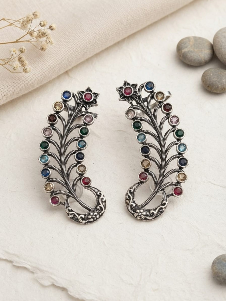 Oxidised silver multicolor stone ear cuffs