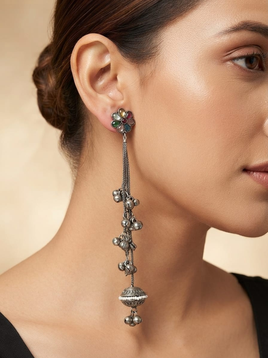 Oxidised Silver Multicolored Floral Gunghroo Chain Drops Earrings