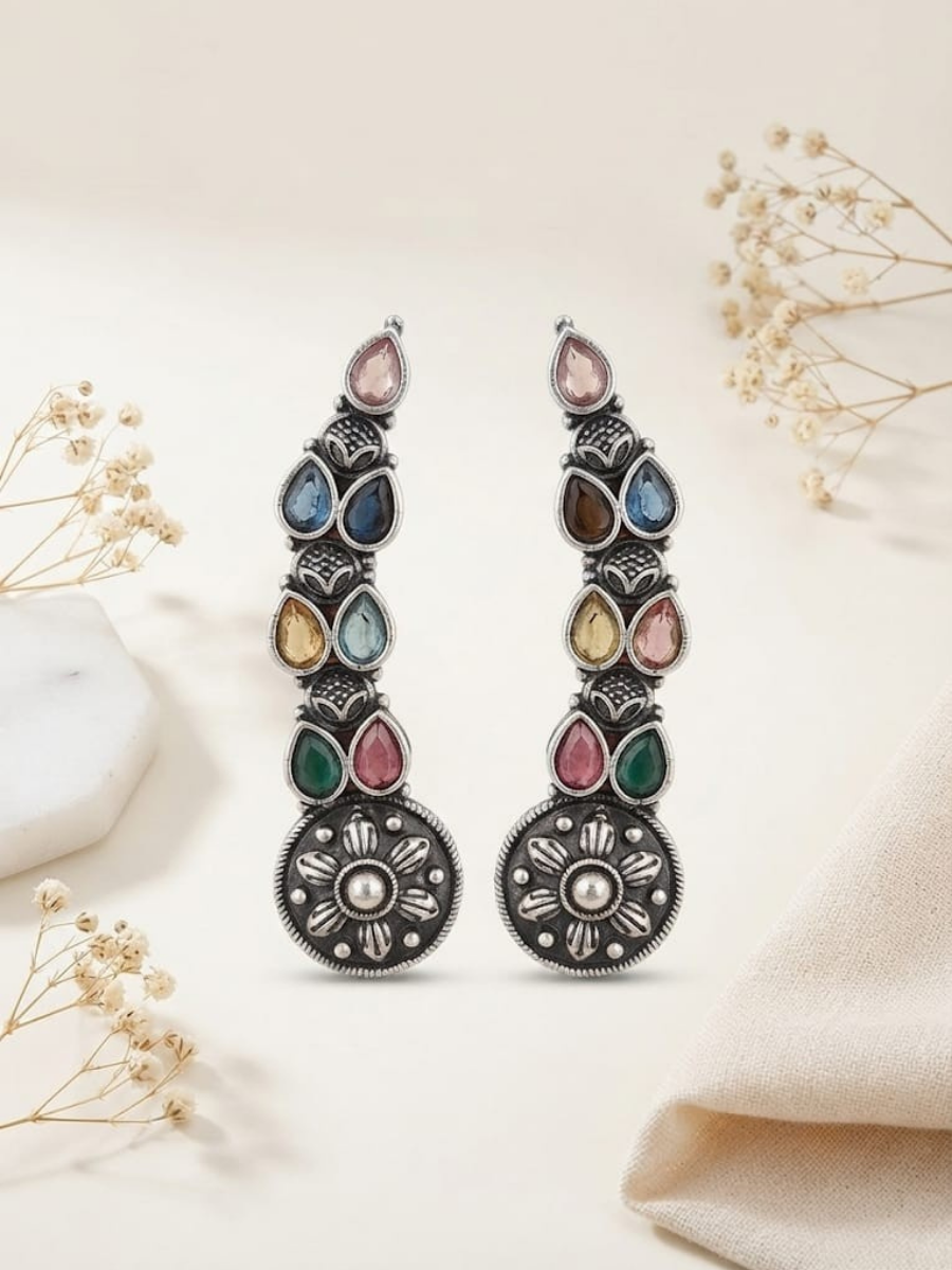 Oxidised silver floral stone earcuffs