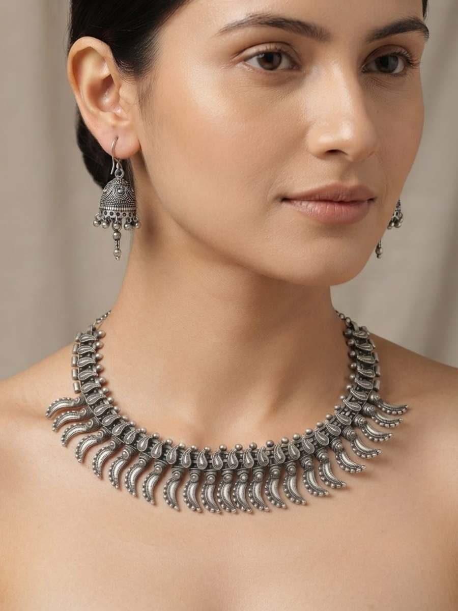 Oxidised Silver Paisley Motif Choker Necklace Set
