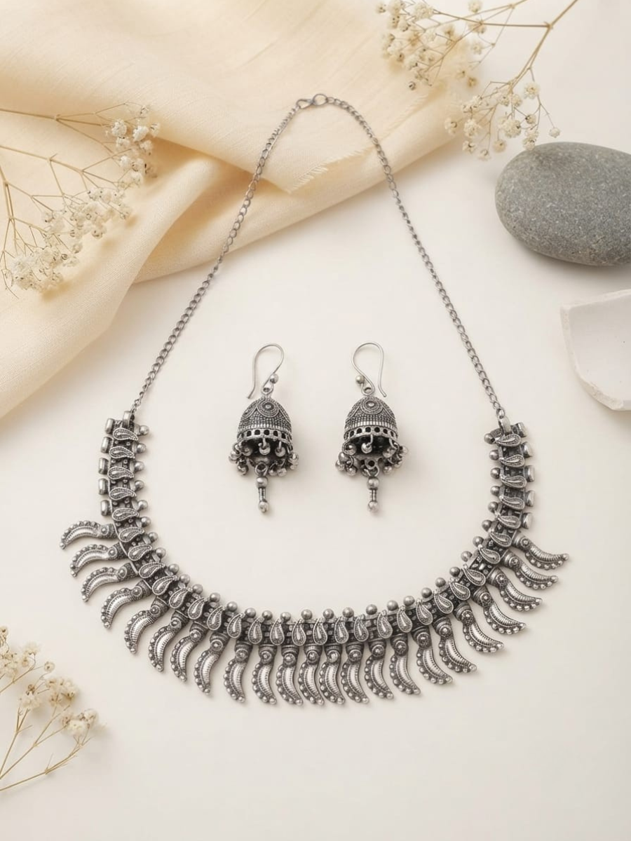 Oxidised silver paisley choker necklace
