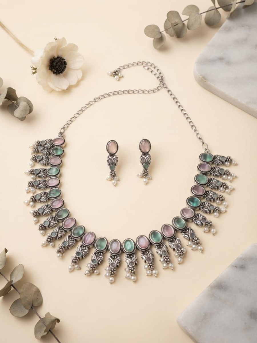 Oxidised silver pastel stone choker