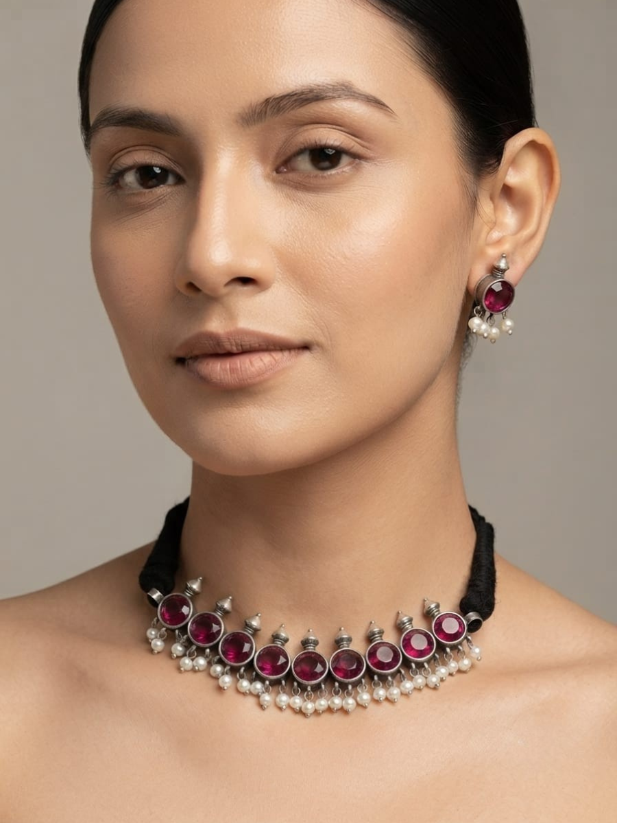 Oxidised silver pink stone choker necklace